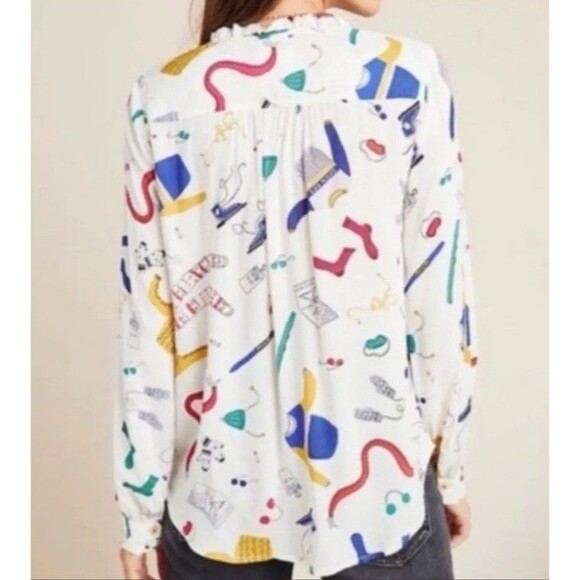 Anthropologie Maeve Snow Day Themed Button Up Blouse Ruffled Neck Novelty Sz 6 - Picture 2 of 7